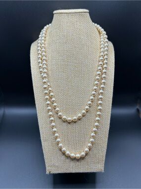 Vintage Faux Classic Ivory Pearl Long Necklace - Women Jewelry